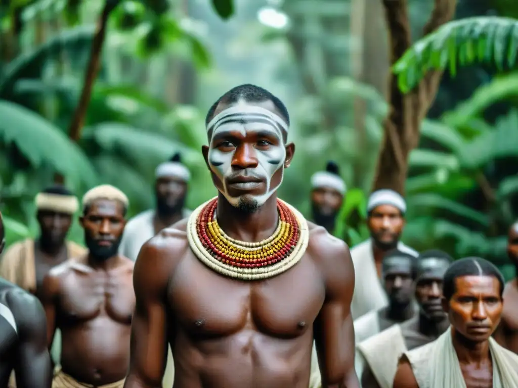 Reunión tribal en la densa selva de Liberia, con atuendos tradicionales y pinturas faciales, evocando historias precoloniales Liberia Sierra Leona