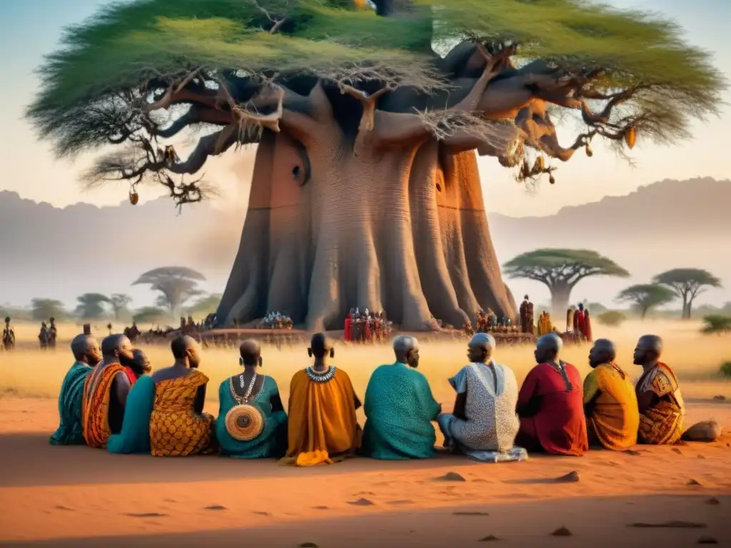 Consejo tribal africano bajo baobab: ancianos discuten fusionando espiritualidad y gobierno