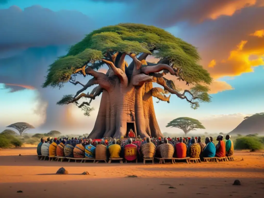 Consejo tribal africano bajo baobab: sistema judicial indígena en vibrante escena cultural africana al atardecer