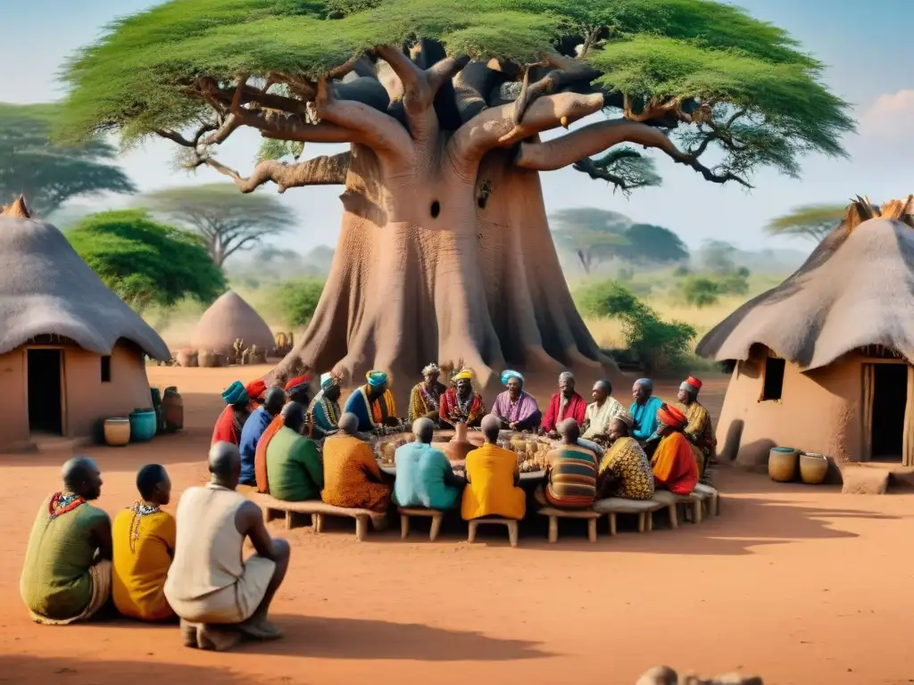 Consejo tribal africano bajo baobab, con sabios discutiendo conflicto comunitario