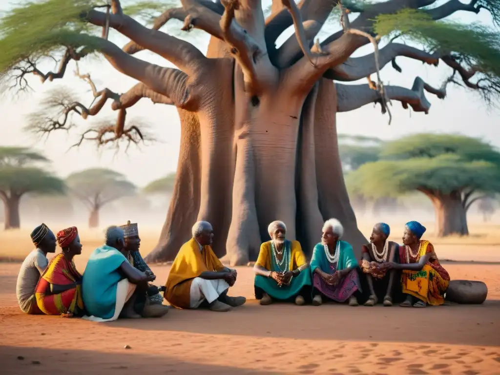 Tribu africana reunida bajo baobab, resaltando la importancia de los ancianos en comunidades africanas