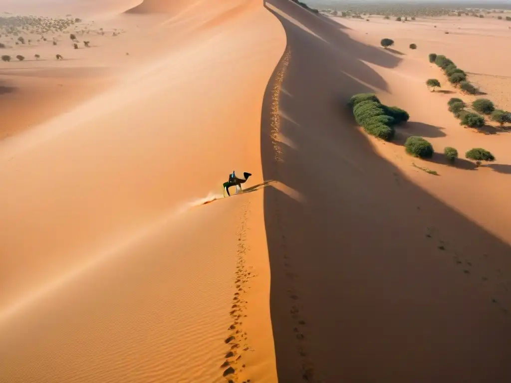 Una tribu nómada se desplaza con sus camellos en un paisaje árido del Sahel, mostrando la resistencia ante la adversidad