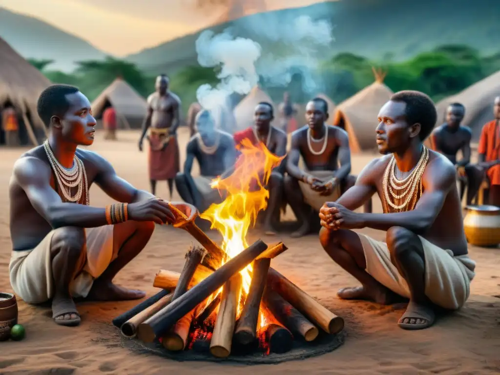 Tribus africanas antiguas preparando bebida misteriosa alrededor del fuego: escena de comunidad, cultura e historia