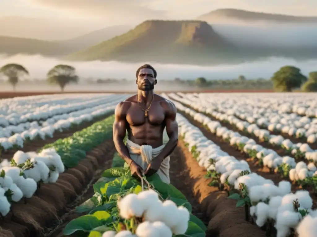 Triste escena de esclavitud en reinos africanos: hombres, mujeres y niños trabajan en un campo de algodón bajo el sol abrasador