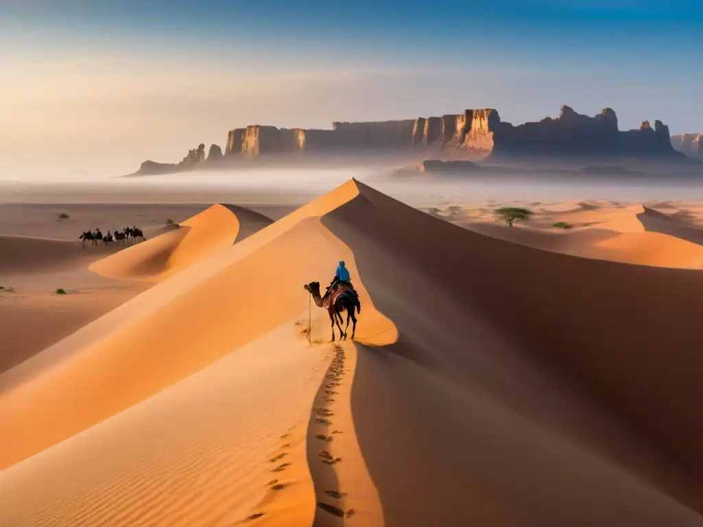 Un tuareg lidera una caravana de camellos en el árido Sahara, mostrando estrategias de supervivencia de civilizaciones