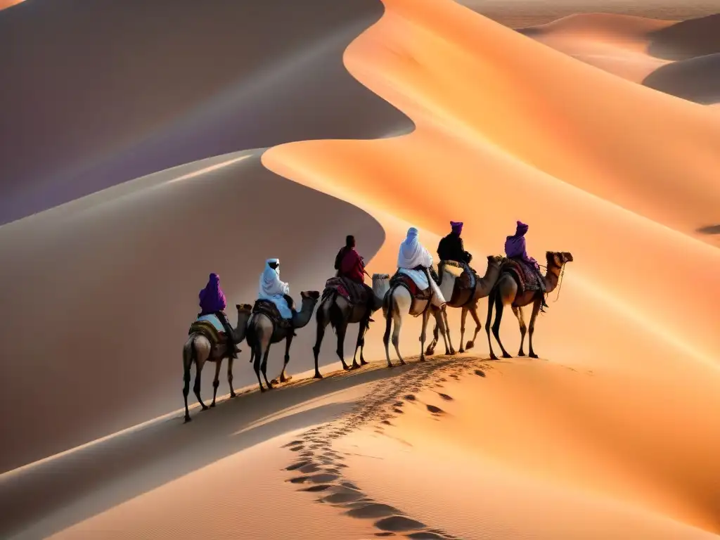 Un Tuareg con su caravana de camellos atraviesa el desierto sahariano al atardecer