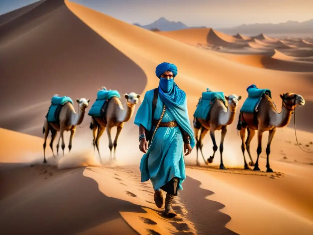 Un Tuareg lidera una caravana de camellos en el Sahara, destacando las estrategias de supervivencia de civilizaciones en el desierto