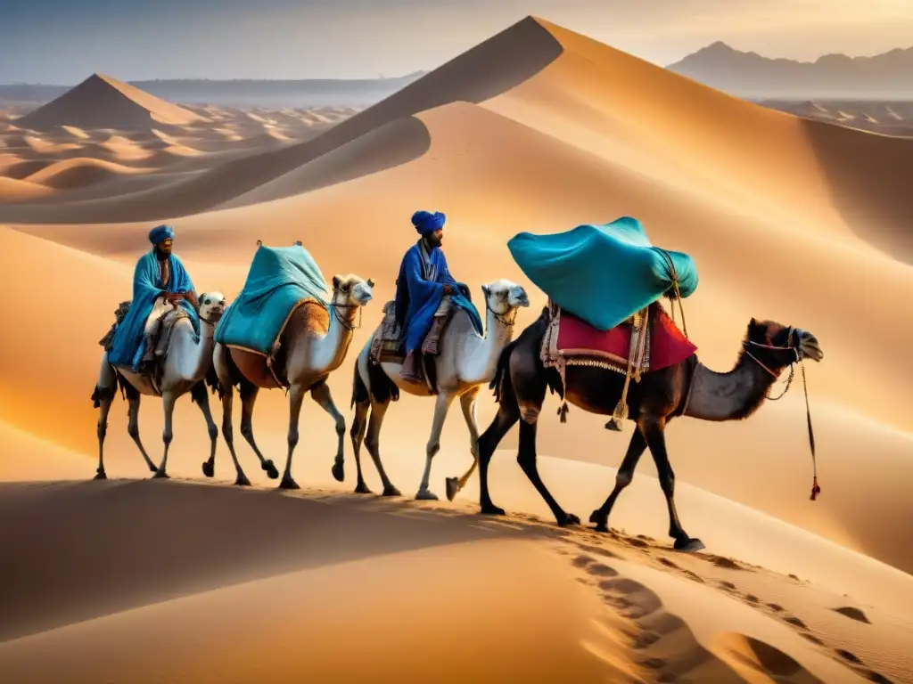 Tuareg comerciantes lideran caravana de camellos por las doradas arenas del Sahara, evocando las históricas Rutas Comerciales Transaharianas Historia