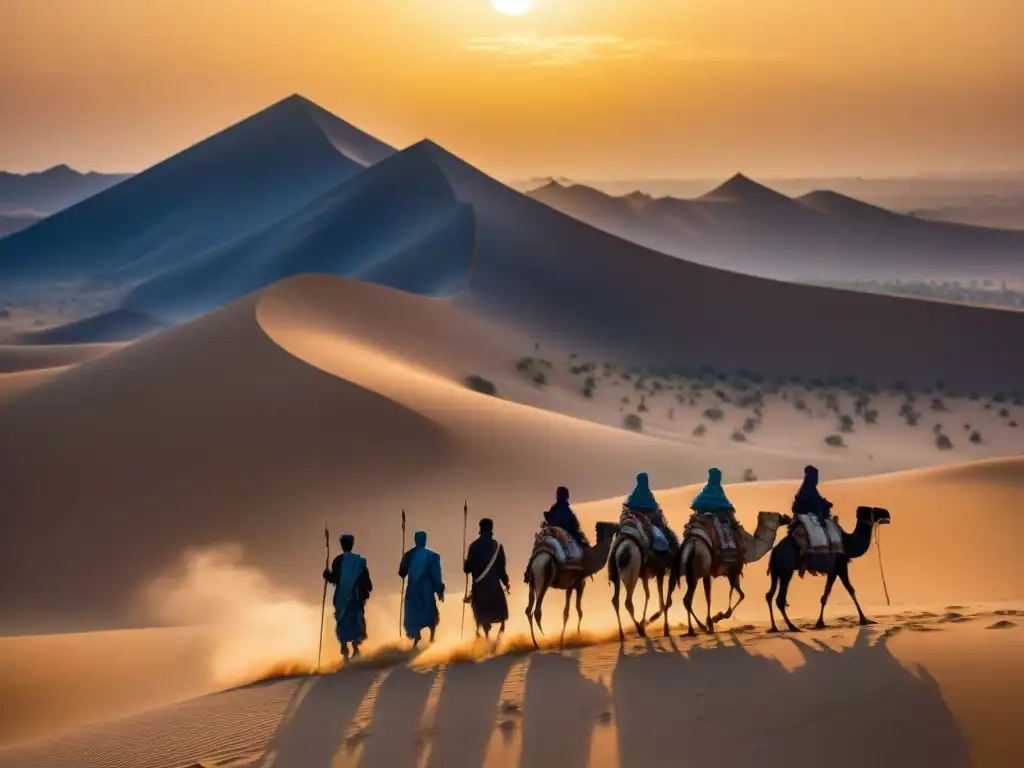 Tuaregs cruzando el Sahara al atardecer en camellos, reflejando la esencia de las antiguas Rutas del incienso en África