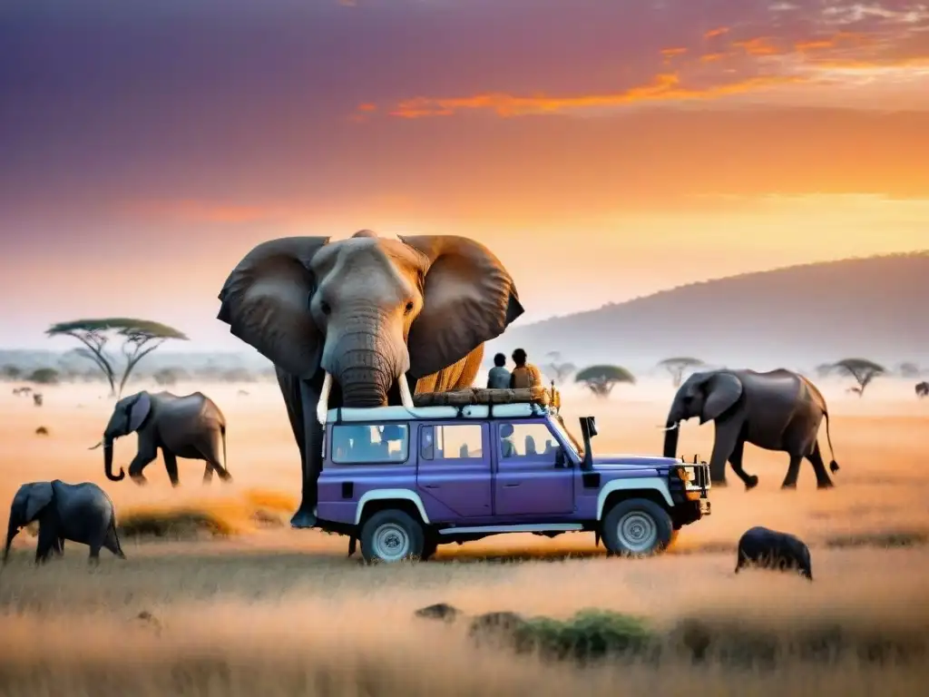 Turistas en safari disfrutan de la naturaleza africana al atardecer, rodeados de elefantes