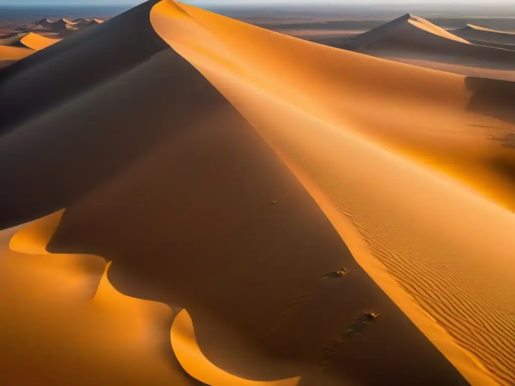 El último resplandor del atardecer ilumina el vasto Sahara, revelando ruinas antiguas entre las dunas