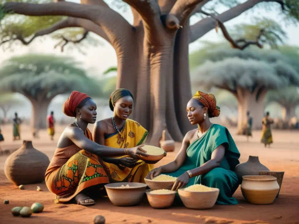 Unidas bajo el baobab, mujeres africanas extraen manteca de karité, resaltando los Beneficios del aceite de Shea