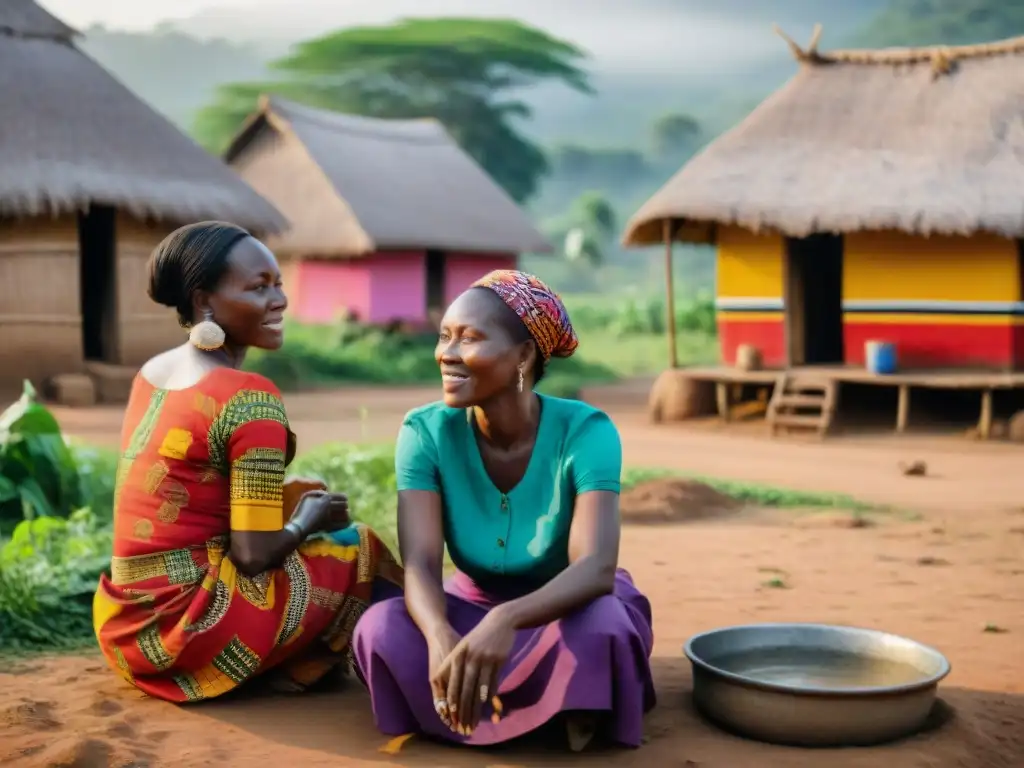 Unidas en la aldea africana, mujeres de diversas etnias conversan animadamente junto al pozo, reflejando el rol de la mujer en África