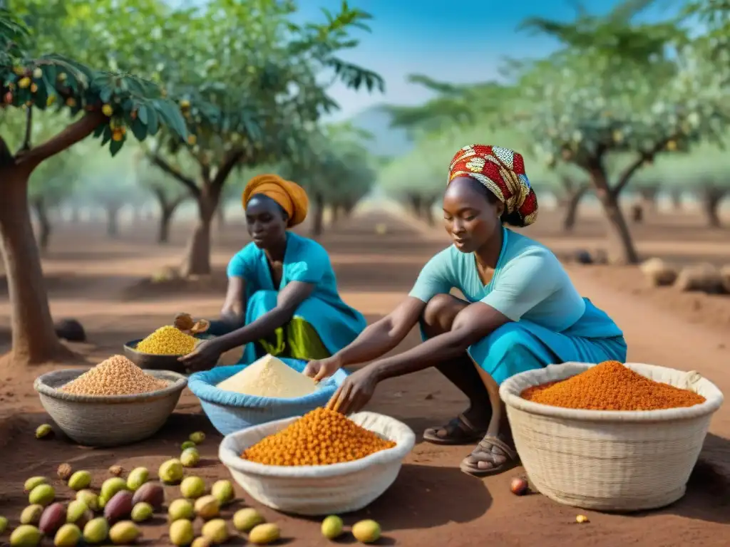 Unidas bajo el sol africano, mujeres recolectan nueces de shea en un paisaje vibrante