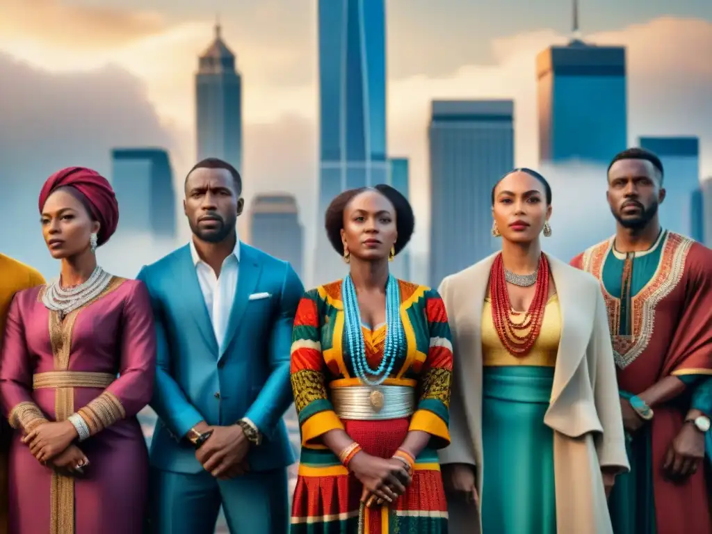 Activistas de la diáspora africana unidos por los derechos humanos Unidos en activismo: diáspora africana viste trajes tradicionales, expresan determinación, en círculo, en ciudad moderna y emblemática