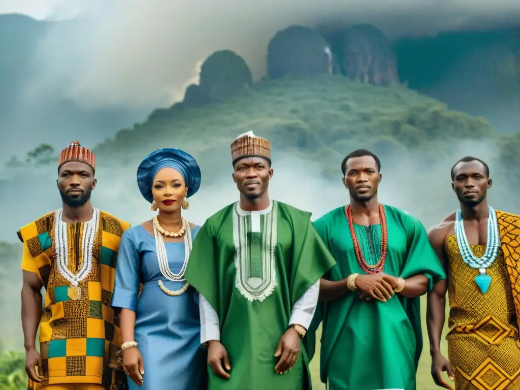 Unidos en diversidad: grupo nigeriano en trajes tradicionales, simbolizando la influencia global civilizaciones africanas