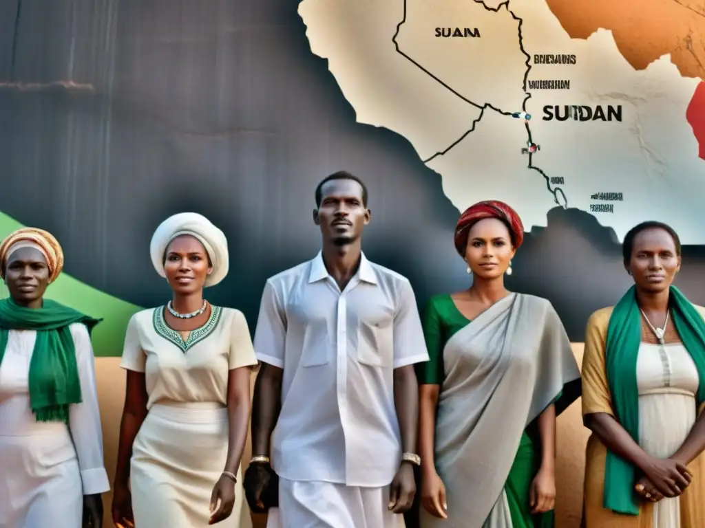 Unidos en esperanza: diversidad de sudaneses frente a un mapa marcado, reflejando la independencia y división de Sudán