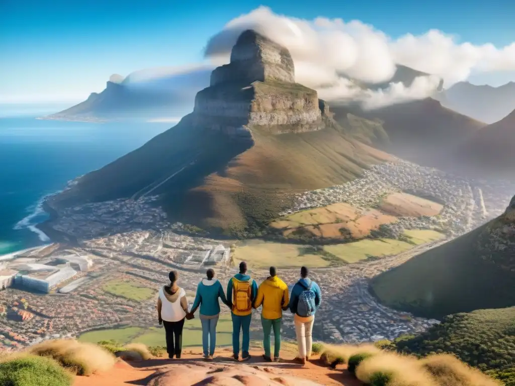 Unidos frente al majestuoso Table Mountain en Cape Town, símbolo de la historia sudafricana postapartheid libertad