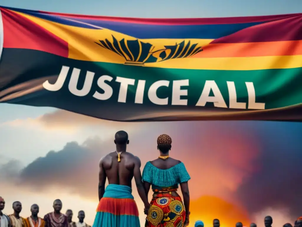 Unidos por la justicia: Activistas africanos en diverso atuendo tradicional frente a un cartel que dice 'Justicia para Todos'