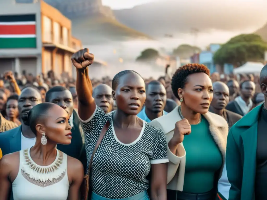 Unidos en la lucha: Diversos activistas sudafricanos levantan puños en una vibrante township, simbolizando la historia sudafricana apartheid libertad