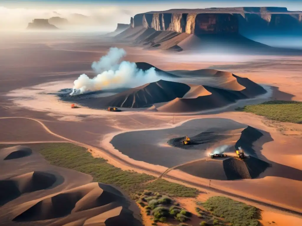 Extracción de uranio en desértico paisaje africano, mostrando trabajadores y contrastes