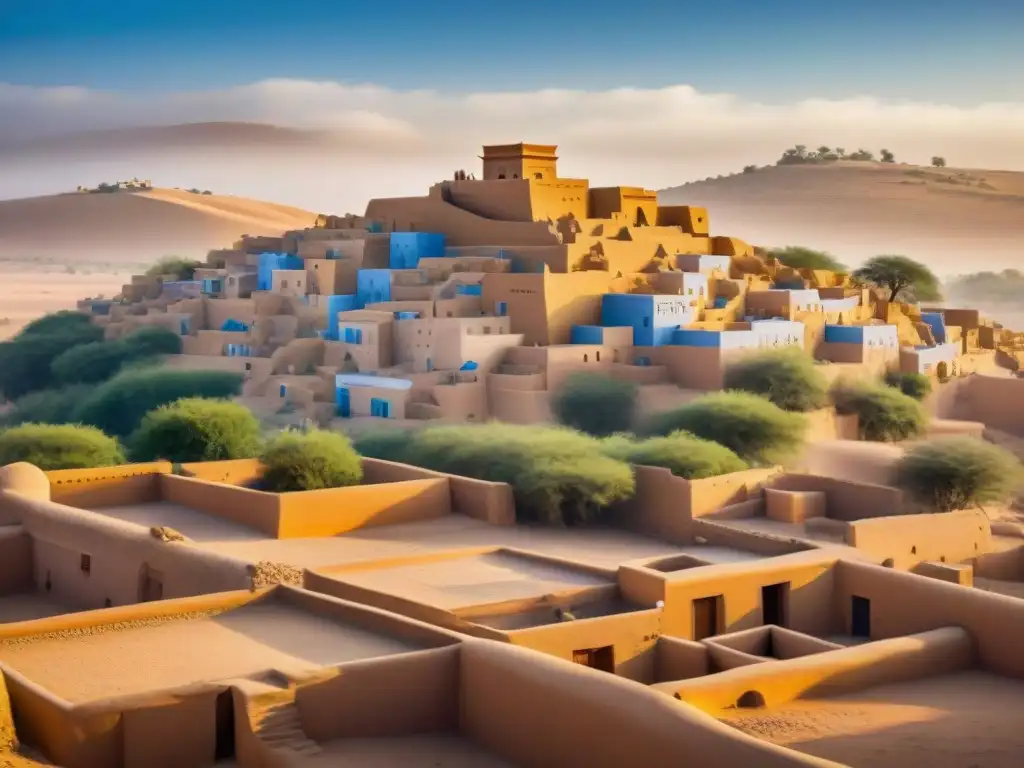 Urbanismo en el Sahel, ciudades imperiales: Intrincadas formas y colores vibrantes en la arquitectura tradicional, bañadas por el cálido sol africano