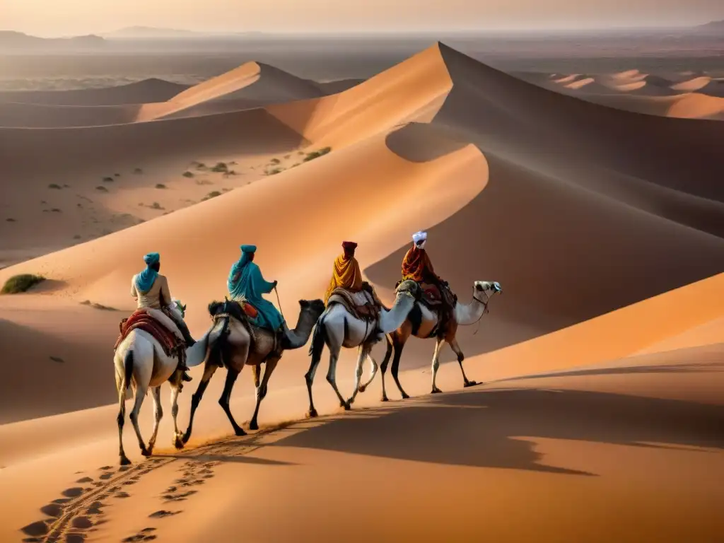 Un valiente nómada bereber lidera caravana de camellos en el Sahara al atardecer, destacando estrategias supervivencia Sahara civilizaciones