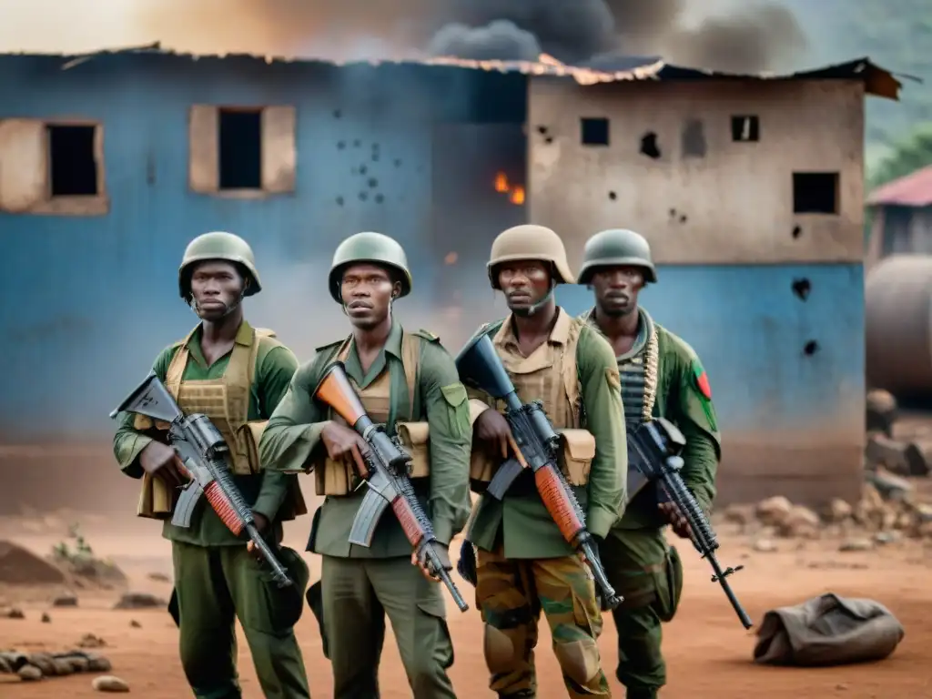 Valientes soldados centroafricanos custodiando un edificio destruido en Bangui