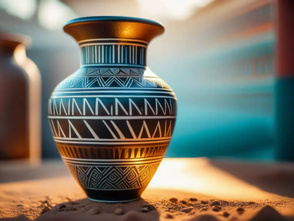 Vaso de cerámica africana con motivos simbólicos, en mercado vibrante bajo el sol