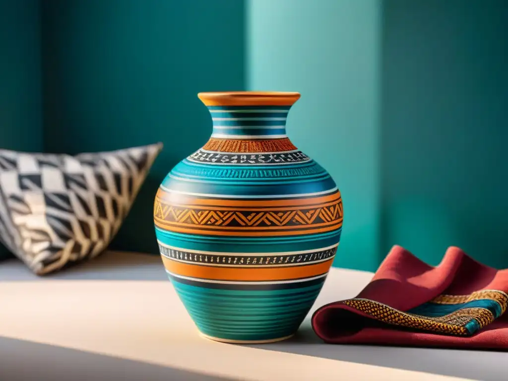 Vaso cerámico africano con diseños geométricos y colores vibrantes, simbolizando la riqueza comercial de civilizaciones africanas