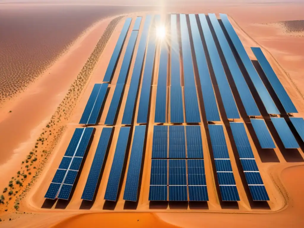 Un vasto campo solar en el desierto del Sáhara, donde ingenieros y trabajadores locales colaboran en la instalación de paneles solares, representando el potencial de la energía renovable en África