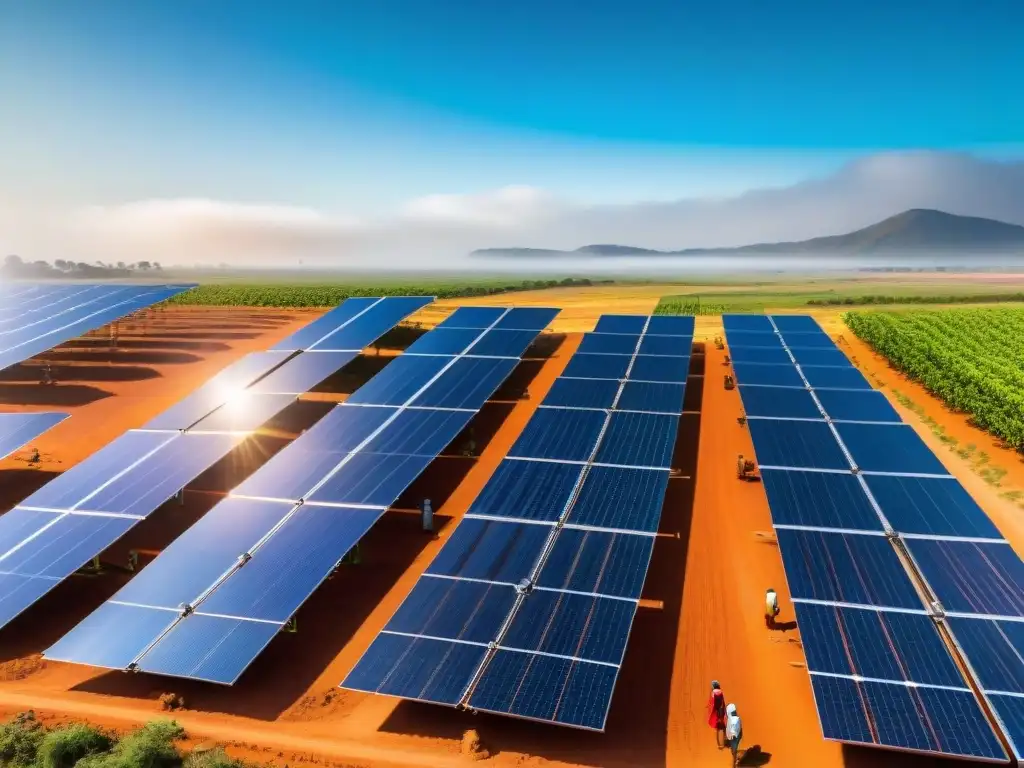 Un vasto campo solar en las llanuras africanas con paneles relucientes bajo el sol, donde se combinan tecnología y cultura local