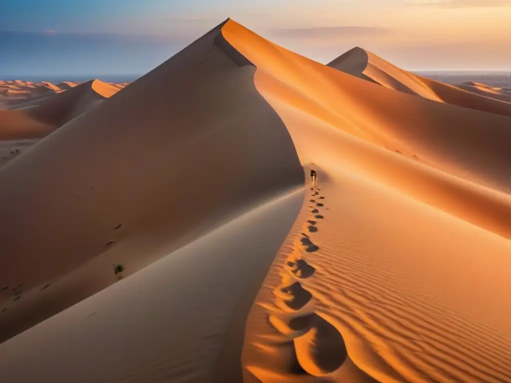 Un vasto desierto árabe al atardecer, con huellas en la arena y una caravana de camellos, conectando el legado africano en desierto Arabia