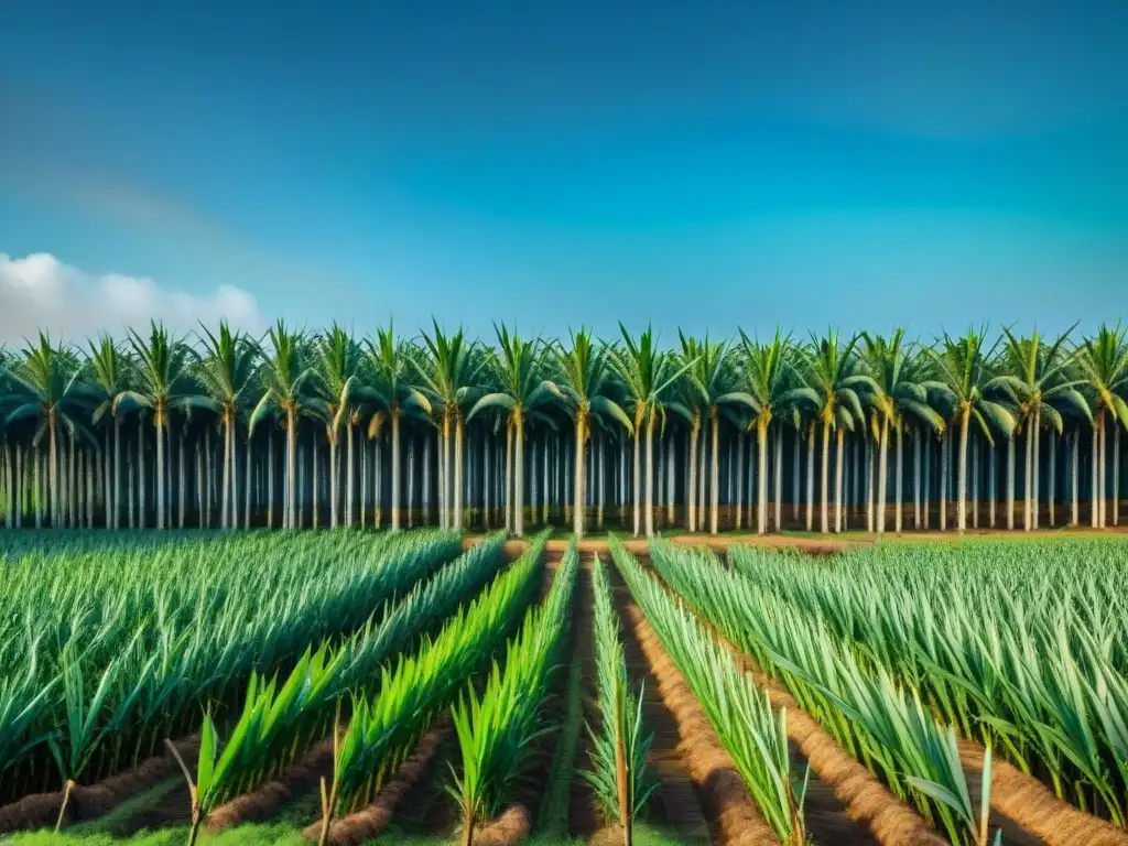 Un vasto plantío de caña de azúcar bajo cielo azul en África, destacando la historia azúcar esclavitud África