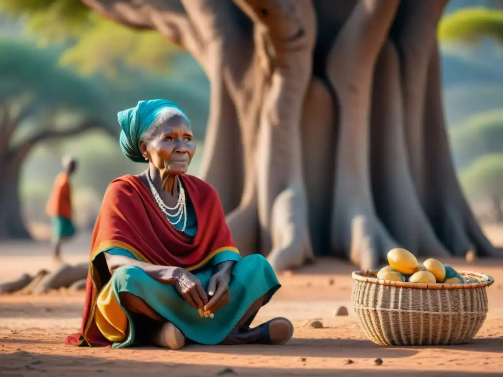 En África, rituales de vejez: mujer tejendo bajo baobab, transmitiendo sabiduría ancestral a niños admirativos