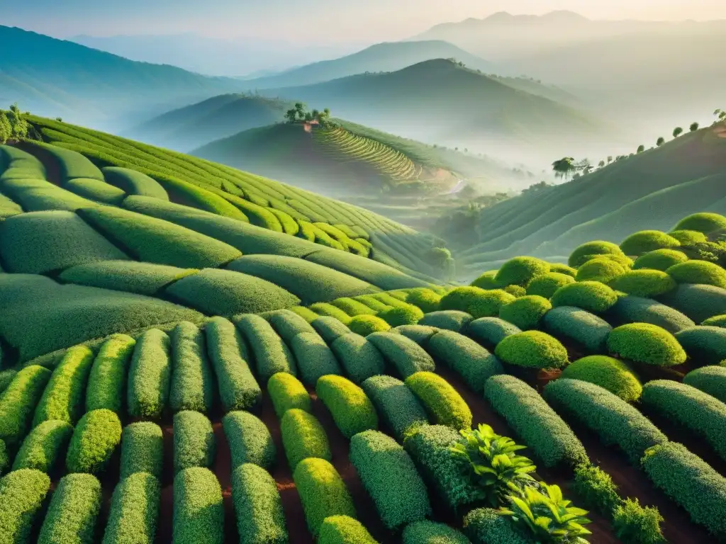 Plantación de té verde en Ruanda y Burundi con agricultores locales cosechando hojas bajo el sol de la mañana