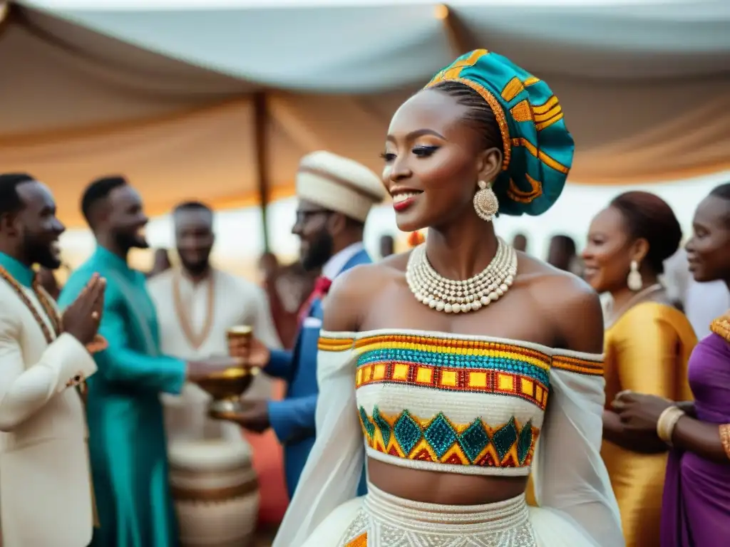 Vestido de novia africano tradicional con detalles bordados, representando rituales matrimonio tradicionales africanos