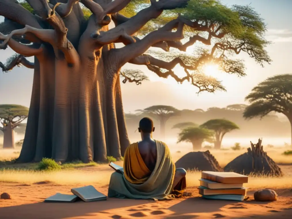 Viajero africano escribiendo en diario bajo Baobab al atardecer, rodeado de diarios y mapas