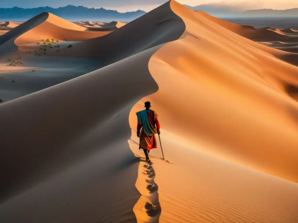 Un viajero solitario recorre el desierto al atardecer, dejando huellas en la arena