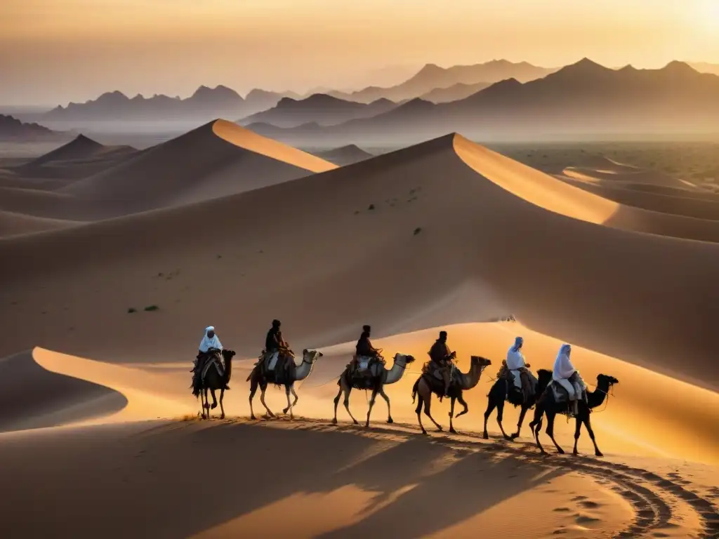 Viajeros Tuareg cruzan el Sahara al atardecer en camellos, evocando la belleza y aventura del Comercio Transahariano crónicas viajeros