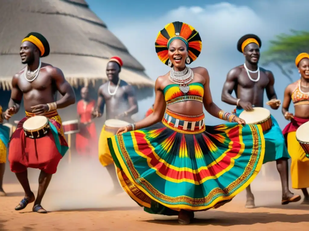 Una vibrante actuación de danza y música africana, con artistas talentosos y trajes coloridos bajo el cielo abierto