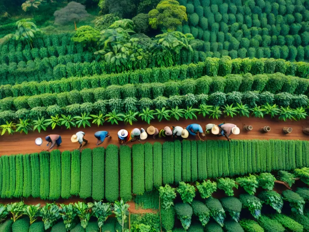 Vibrante plantación de café africana, agricultores locales cosechando en comunidad