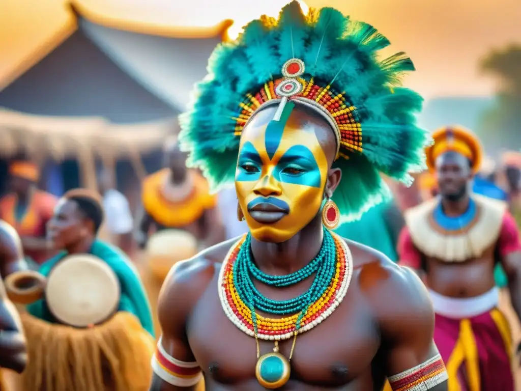 Vibrante procesión africana con bailarines y máscaras coloridas al atardecer