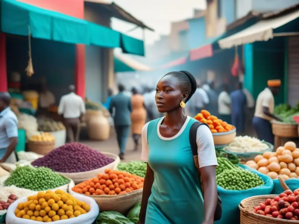 Vibrante fotografía africana contemporánea de un bullicioso mercado callejero, con colores vivos y personas diversas en actividad diaria