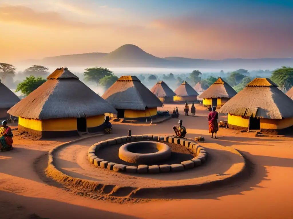 Pueblo africano al atardecer: tradición y comunidad Vibrante aldea africana al atardecer con actividades diarias y la magia de las Deidades del África Central místicas