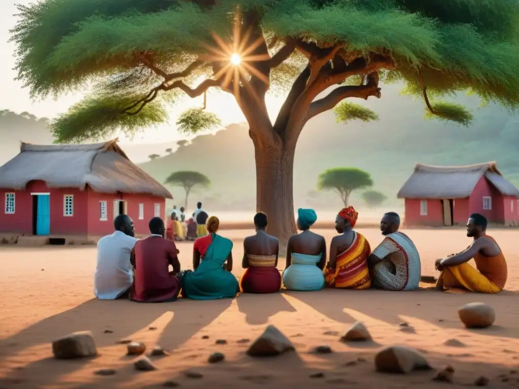 Vibrante comunidad Maroon en África debatiendo bajo un árbol, reflejando unidad y orgullo cultural