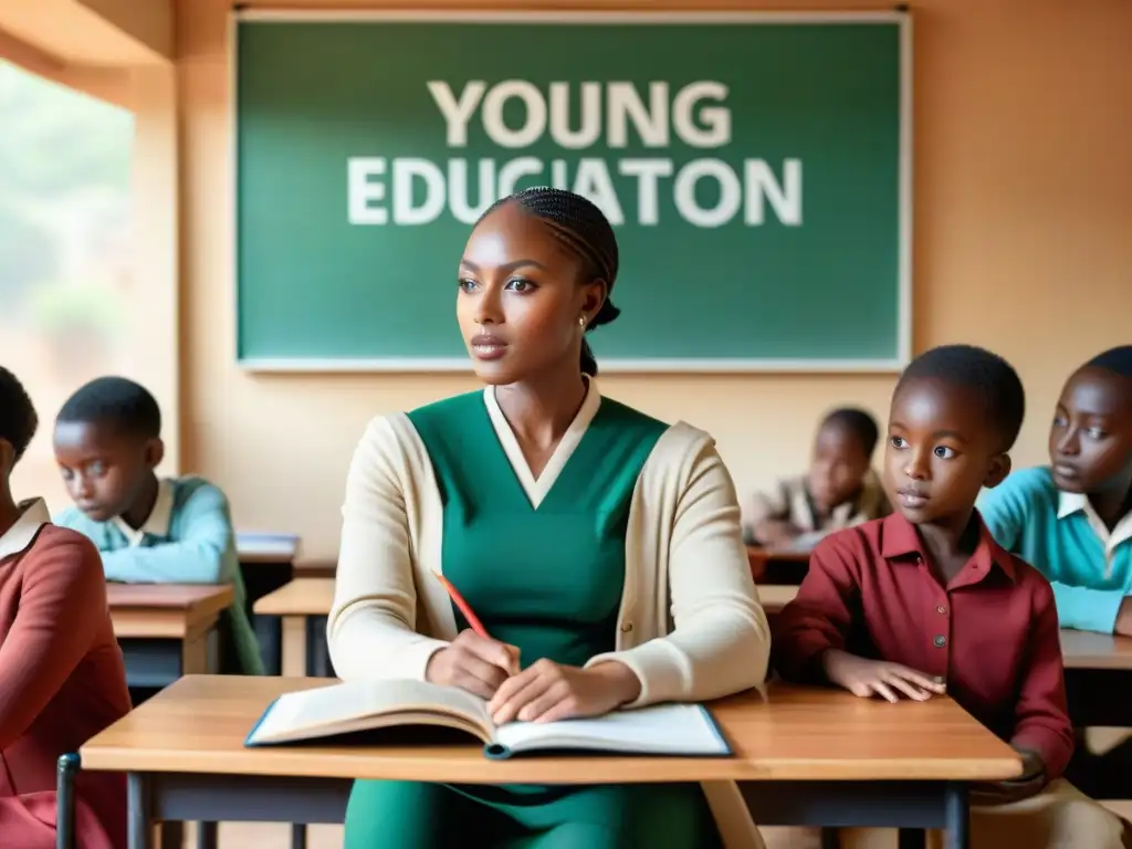 Vibrante aula africana con estudiantes de diversas culturas inmersos en actividades de aprendizaje, reflejando la educación bilingüe en África