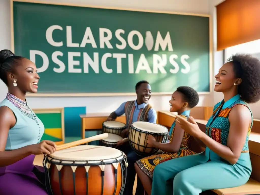 Aprendizaje de ritmos africanos: estudiantes participativos en clase Un vibrante aula de estudiantes diversos participando en una lección de ritmos africanos educativos interculturales