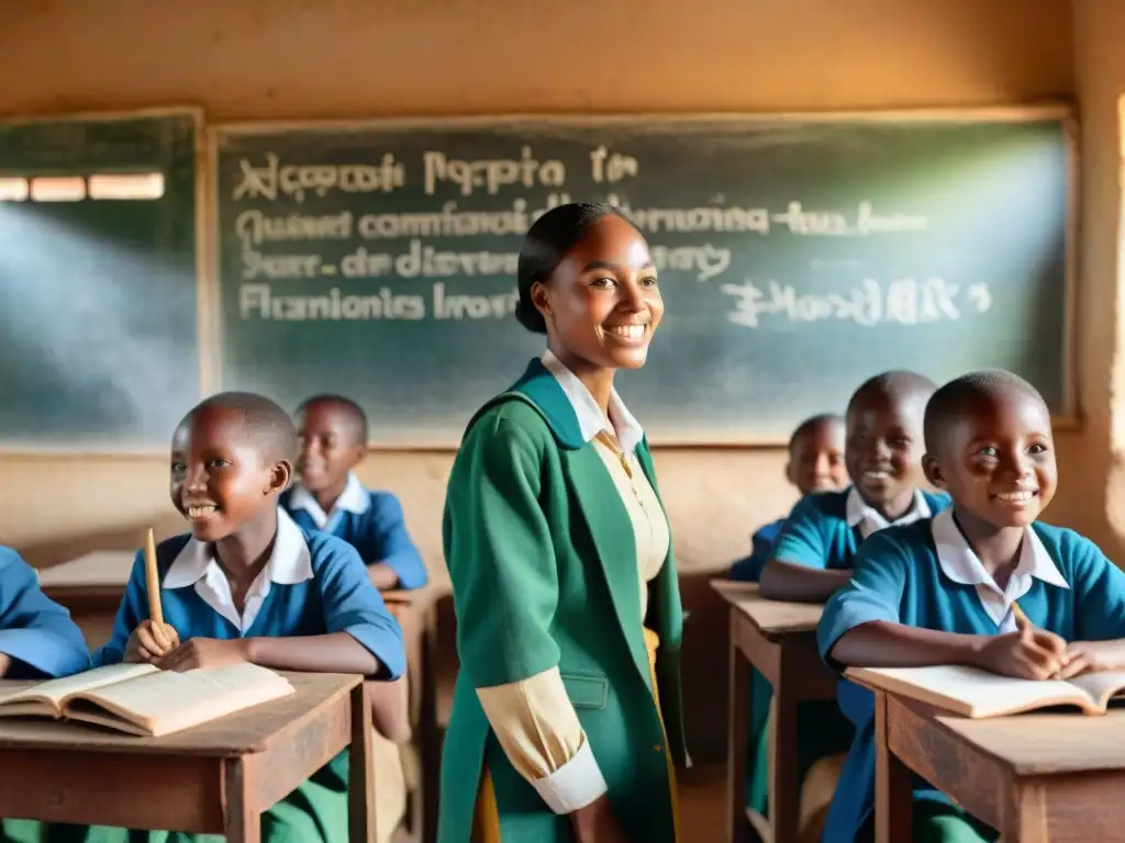 Vibrante aula rural africana con estudiantes entusiastas y diversidad cultural