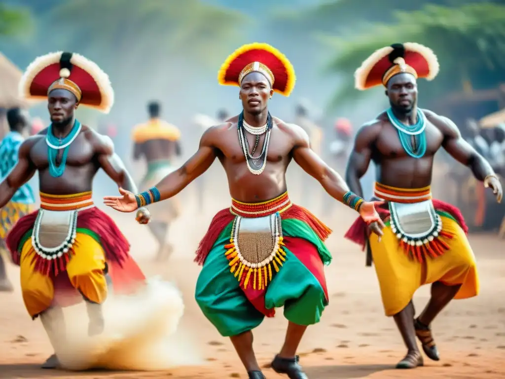 Un vibrante baile africano lleno de energía y pasión, con atuendos tradicionales adornados con intrincado simbolismo de danzas tradicionales africanas